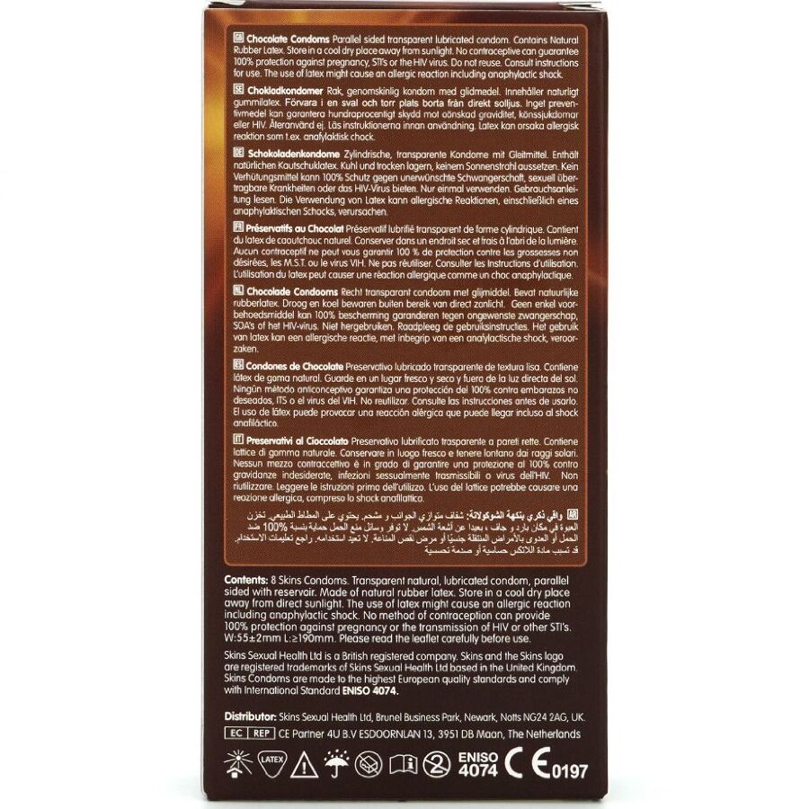 SKINS - PRESERVATIVOS PREMIUM SABOR CHOCOLATE PACK 8