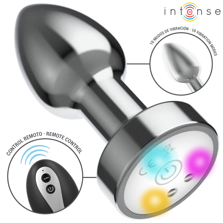 INTENSE - PLUG ANAL TALLA M DE METAL VIBRADOR CON LUCES LED MULTICOLOR Y CONTROL REMOTO