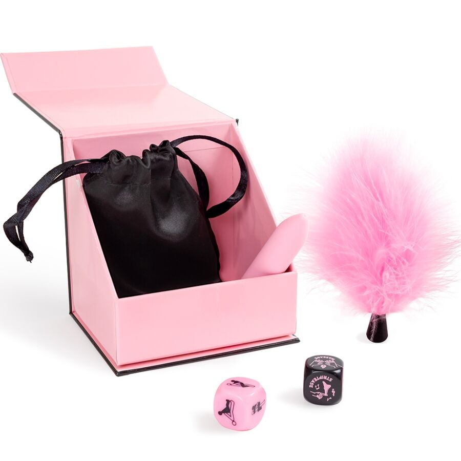 SECRET PLAY - CAJA DE PLACERES PARA PAREJAS DADOS + BALA VIBRADORA + PLUMERO