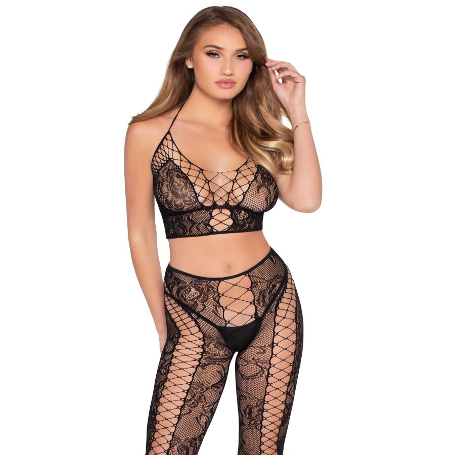 LEG AVENUE - 89368 CROP TOP DE RED Y ENCAJE CON MEDIAS NEGRO - TALLA ÚNICA