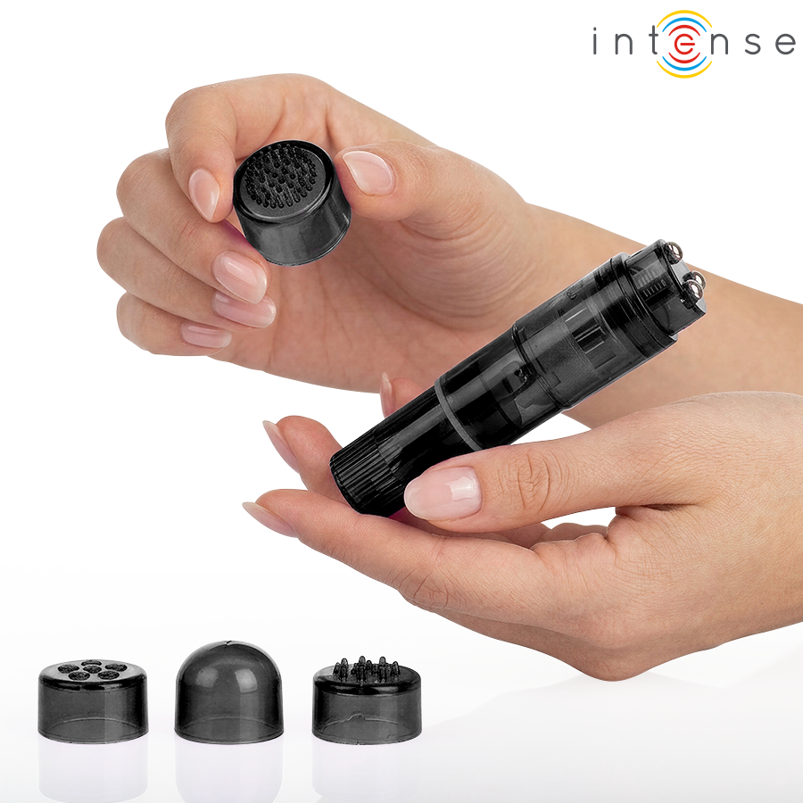 INTENSE - KURT MINI MASAJEADOR CON 4 CABEZALES INTERCAMBIABLES NEGRO