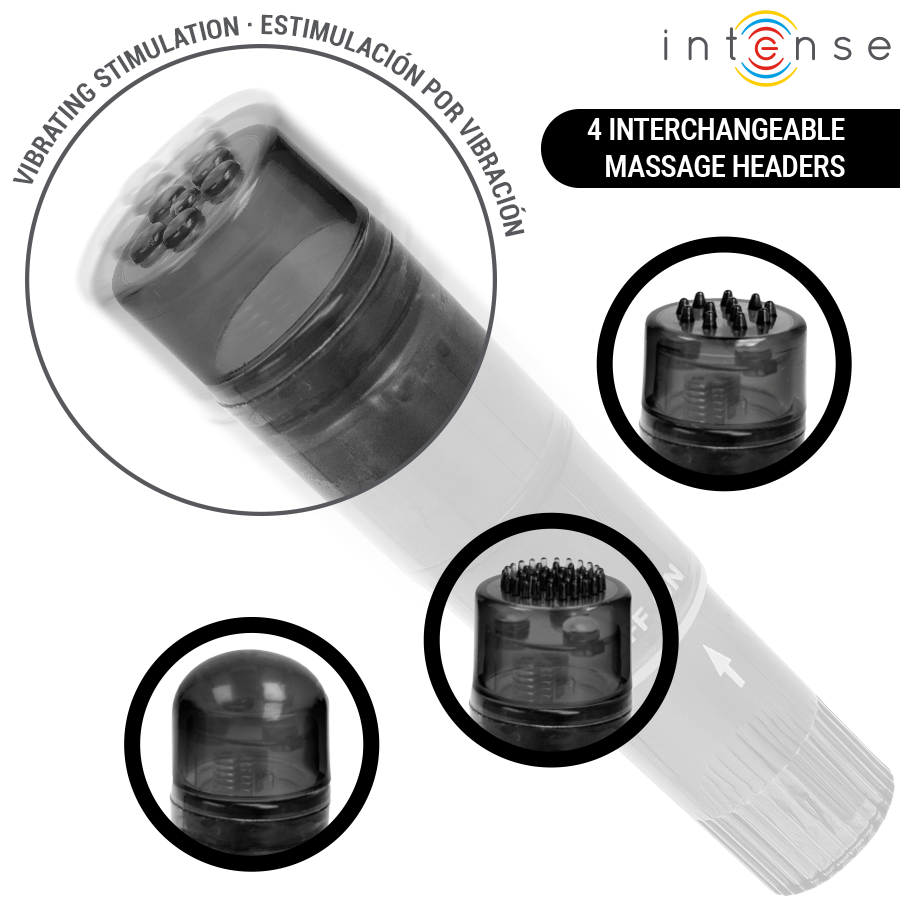 INTENSE - KURT MINI MASAJEADOR CON 4 CABEZALES INTERCAMBIABLES NEGRO