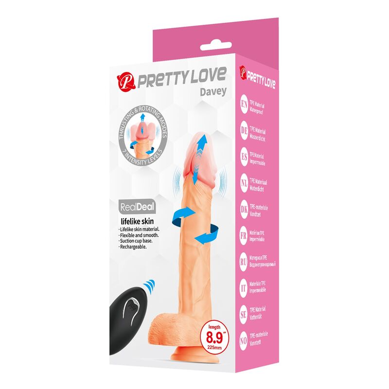 PRETTY LOVE - DAVEY DILDO VIBRADOR CON EMPUJE Y ROTACIÓN CONTROL REMOTO 22,5 CM Ø 4,8 CM COLOR NATURAL