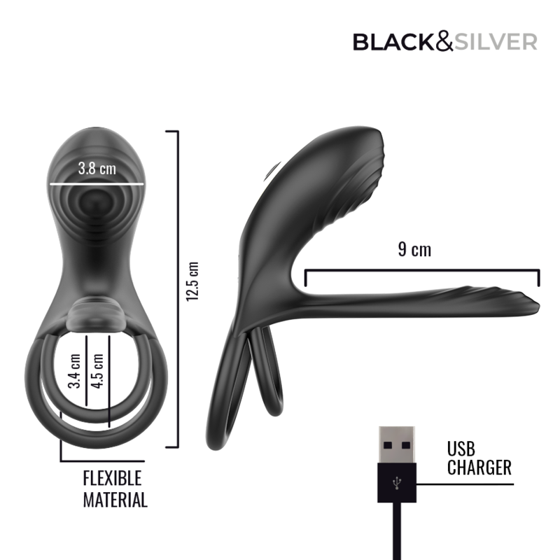 BLACK & SILVER - RIPLEY ANILLO VIBRADOR RECARGABLE CON CONTROL REMOTO NEGRO