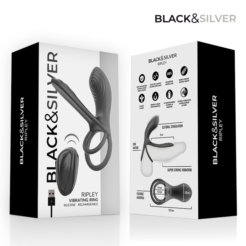 BLACK & SILVER - RIPLEY ANILLO VIBRADOR RECARGABLE CON CONTROL REMOTO NEGRO