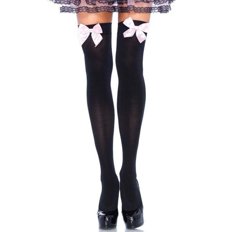 LEG AVENUE - MEDIAS ALTAS NEGRAS CON LACITO ROSA TALLA ÚNICA